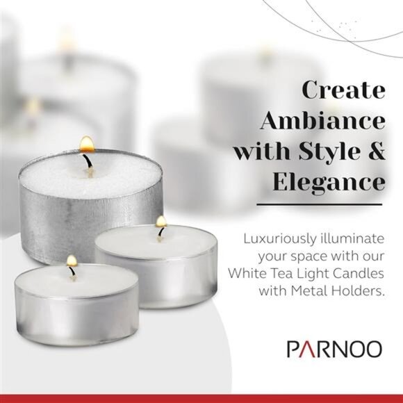 Tea Light Candles in Metal Cups - 4.5 Hours Clean, Long Burning White Unscented - Picture 2 of 7